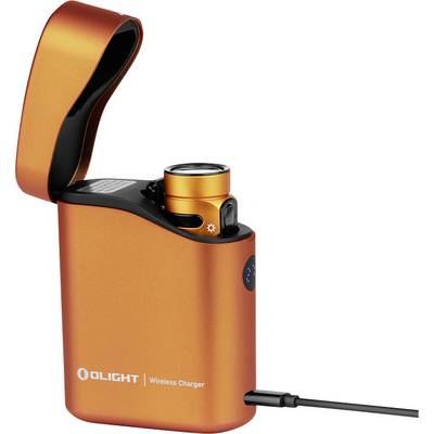 Orange Olight wireless charger with an open lid, revealing a flashlight inside. A charging cable is attached to the device.