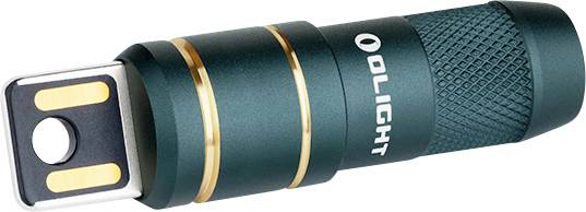 A green and black metallic USB flashlight with gold accents, featuring the brand name 'OLIGHT' printed on the side.