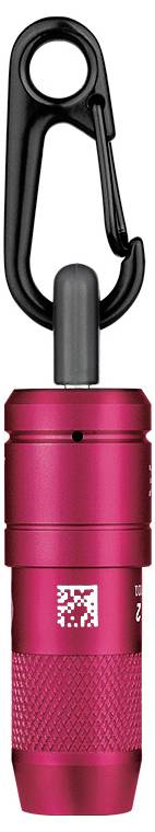 A red portable pill holder with a black carabiner attached on top for easy carrying.