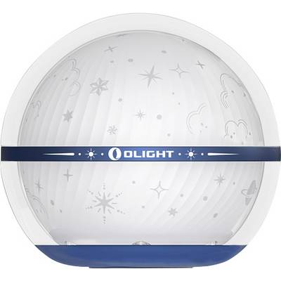 A round nightlight with star patterns, labeled 'OLIGHT', emits a soft glow through a white and blue casing.
