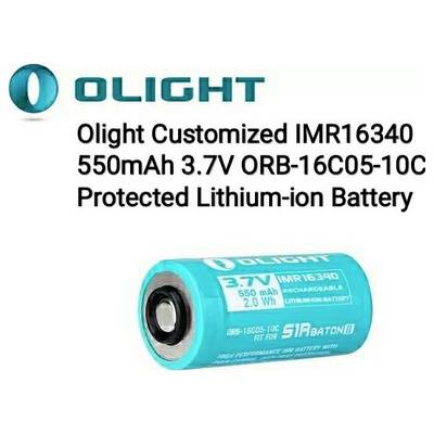'Olight Customized IMR16340 550mAh 3.7V ORB-16C05-10C Protected Lithium-ion Battery' is printed next to an image of the blue battery.