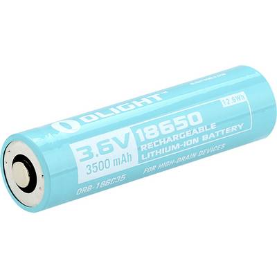 A turquoise 18650 rechargeable lithium-ion battery with 3.6V and 3500mAh capacity.