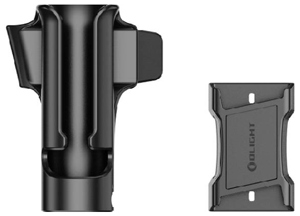 A black flashlight holster and mounting bracket set, designed for secure attachment and easy access to a flashlight.