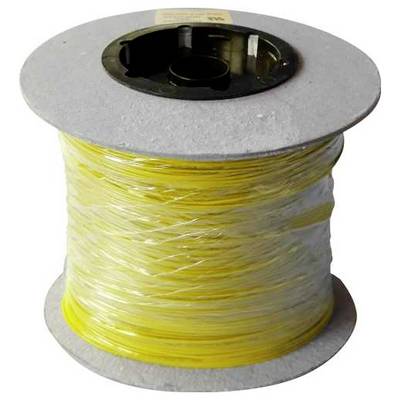 'A spool of yellow plastic wire wrapped around a gray cylindrical reel.'
