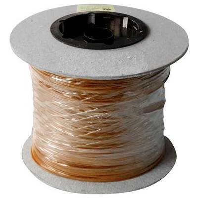 A spool of copper wire with orange insulation, wrapped in clear plastic. The wire is coiled tightly around a black core, ready for use.