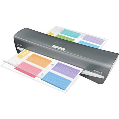 A3 laminator machine laminating a colorful calendar sheet with multiple color-coded months visible.