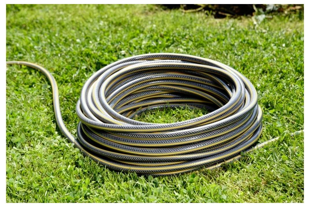 A coiled garden hose lies neatly on a patch of green grass, ready for use.