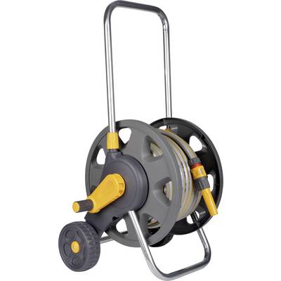 'A gray and yellow garden hose reel with wheels and a handle, designed for easy transport and storage of a hose.'