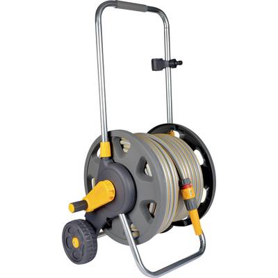 A garden hose reel with a gray and yellow design, featuring a hose neatly coiled around the drum, mounted on a metal frame with a handle.