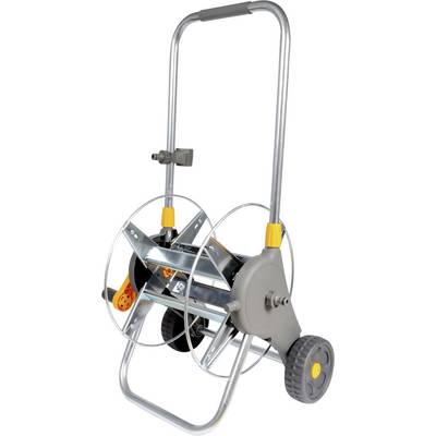 A silver and orange garden hose reel cart with two large wheels and a handle, designed for easy transportation and hose storage.