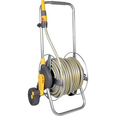 A hose reel cart with a gray and yellow garden hose attached, featuring wheels and a handle for easy transportation.
