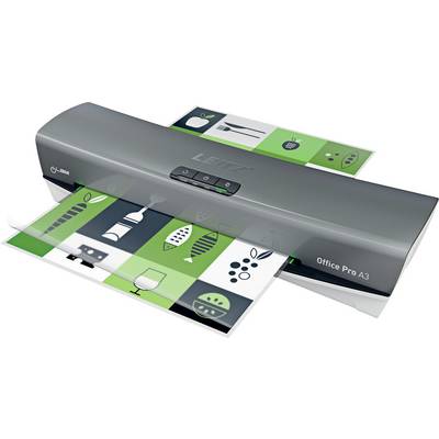 A laminator machine with the brand name partially visible processes a colorful sheet with green and black patterns of various kitchen utensils.