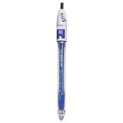 A blue and white retractable pen with visible branding and a transparent section displaying ink.