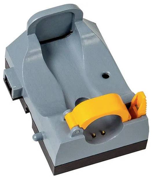 A gray and orange electrical plug adapter with a handle, designed for European sockets, featuring a grounding pin and compact shape.