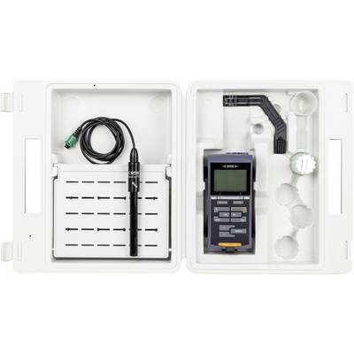 A white case with compartments holds an electronic measurement device, a probe with a cord, and spaces for additional items.