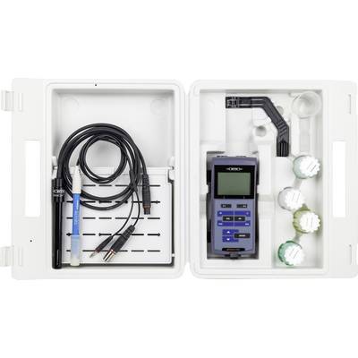 A portable water quality testing kit with a digital meter, probes, and calibration solutions organized in a white carrying case.