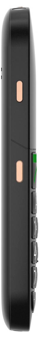 Side view of a slim, black electronic device, with two copper connectors and a raised button on the side.