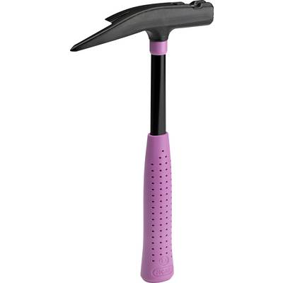 A black prospecting hammer with a sharp end and a pink handle, used for geological fieldwork, against a white background.