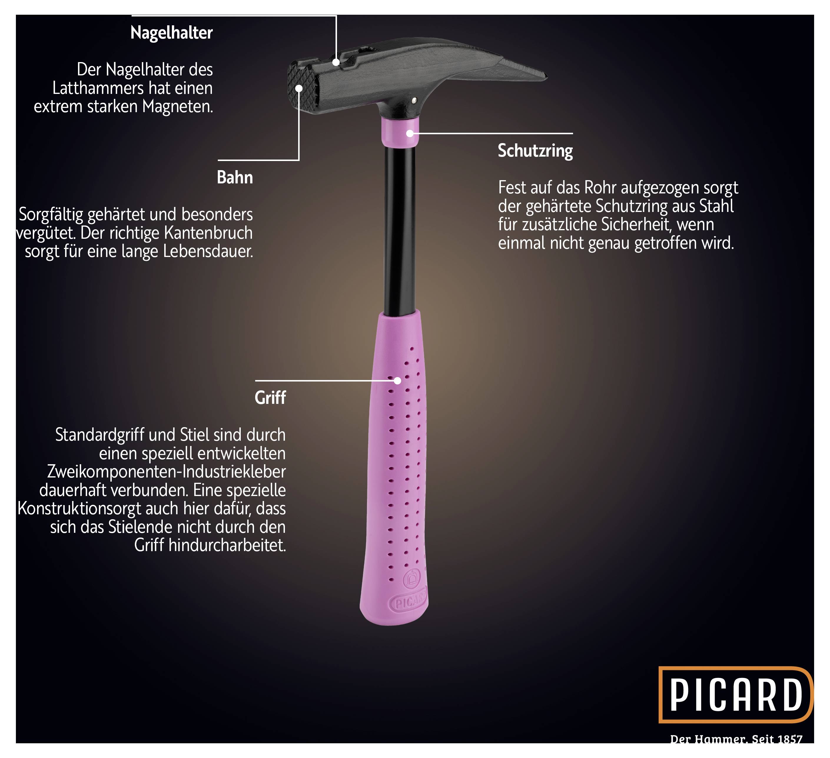 A claw hammer with a purple handle is presented. Text describes the nail holder, the face, the striking ring and the handle with their functions. Brand name 'PICARD'.