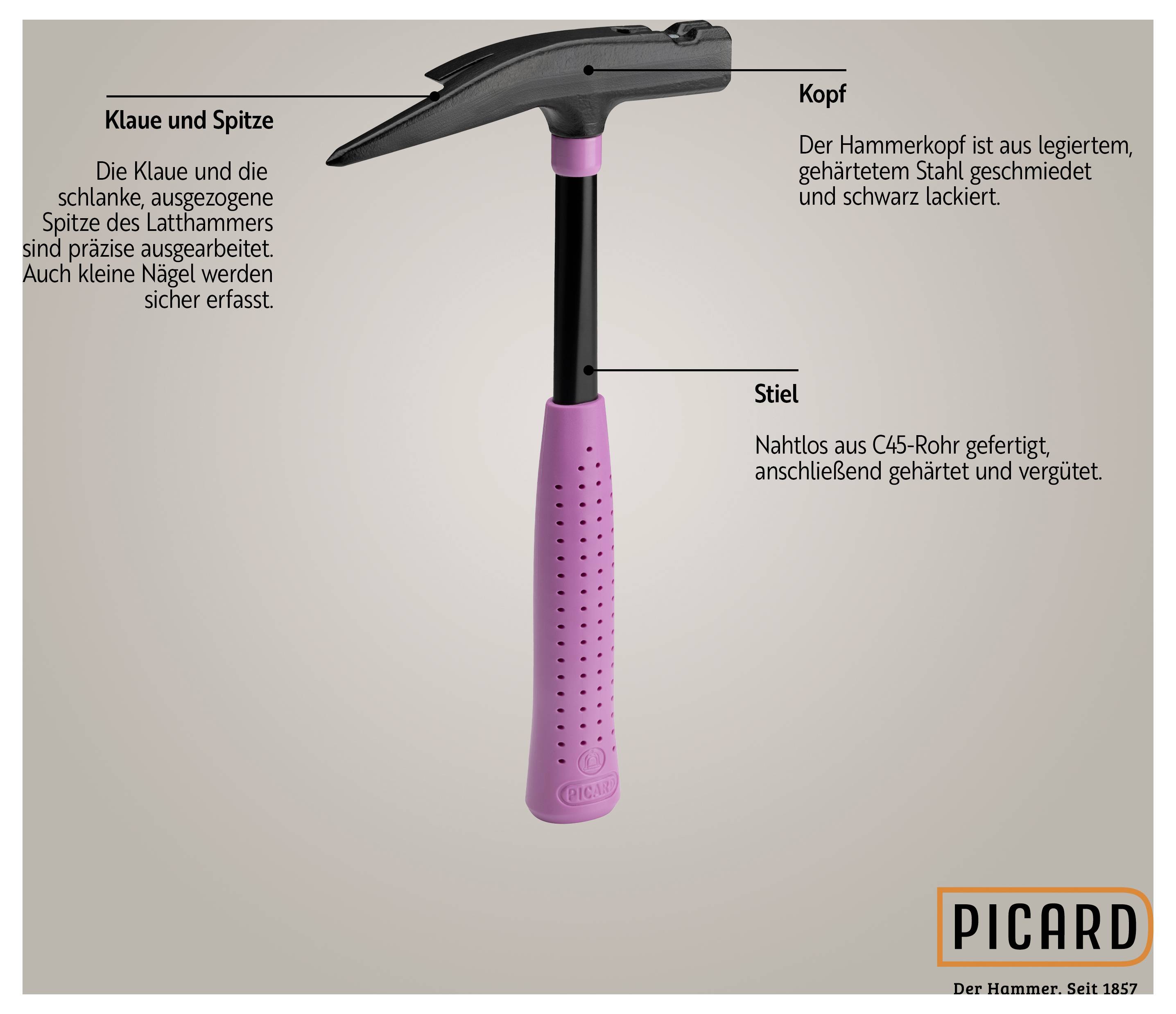 'Hammer with pink handle. Details: claw, peen, head and shaft are described. Brand: Picard, The Hammer. Since 1857.'