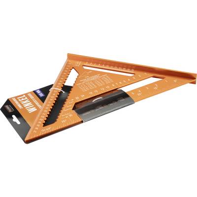 An orange triangular ruler with various measurement markings, including angles and inches, used for carpentry and layout work.
