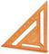 An orange triangular ruler featuring measurement markings and angle guides, designed for drafting and technical drawing.