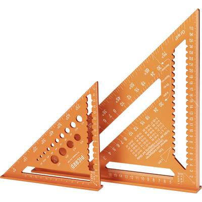 Two orange triangular measuring tools with various raised geometric shapes and metric scales, used for drawing and measurements.