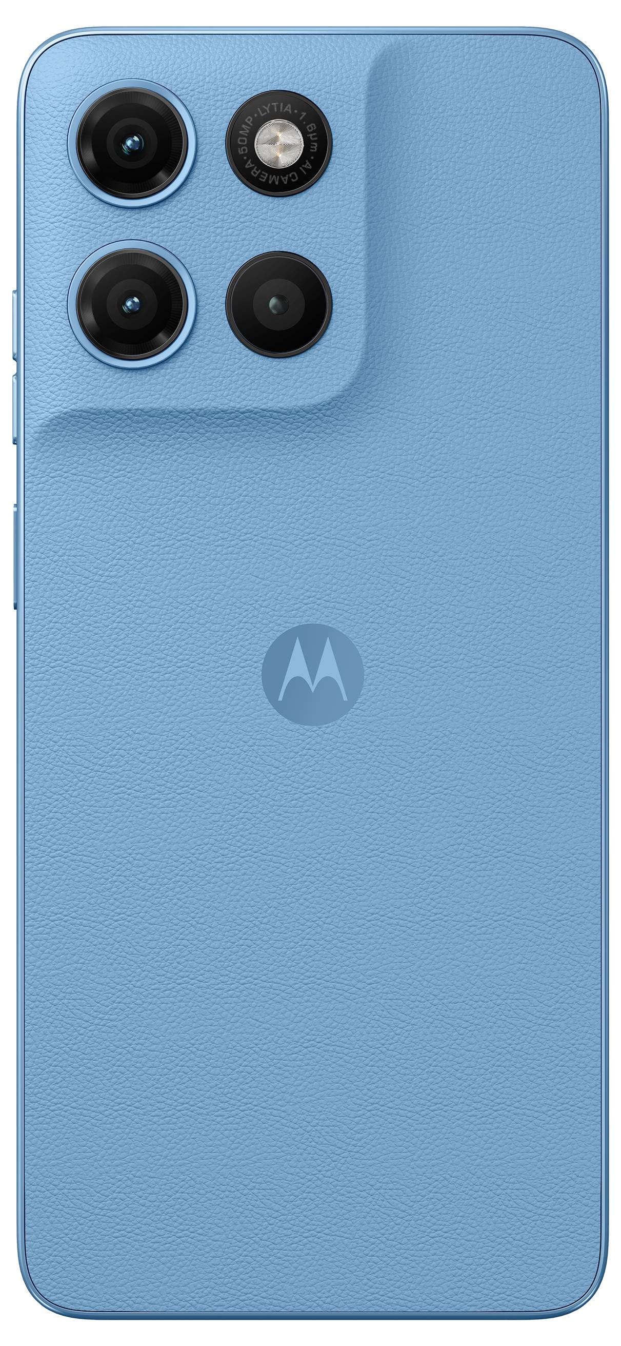 The image shows the back of a blue smartphone with three camera lenses and a Motorola logo in the center.