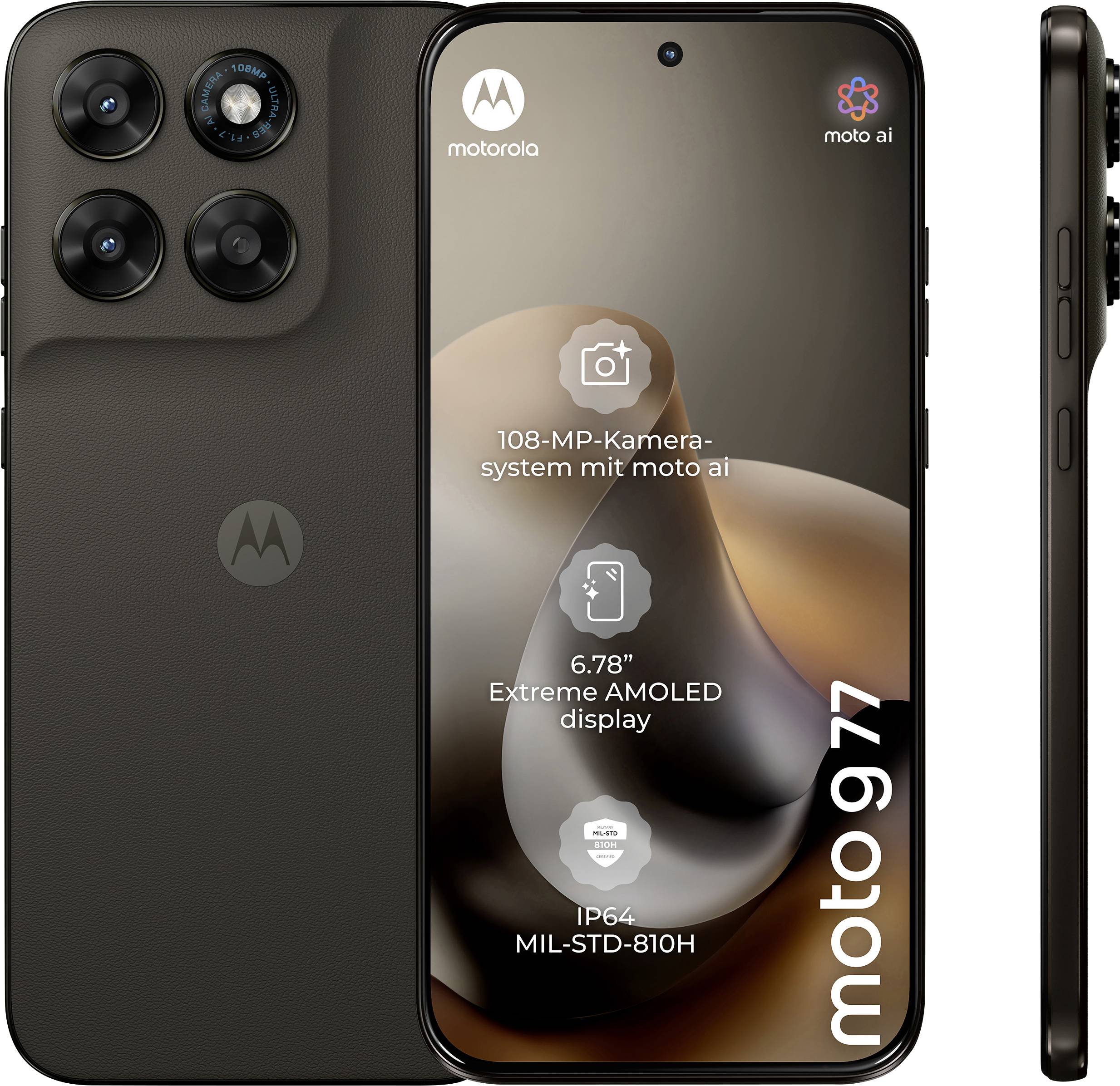 The image shows a Motorola Moto G77 smartphone with promotional FIFA branding, a QR code, and text 'Buy - Register - Win'. A person holds the phone excitedly.