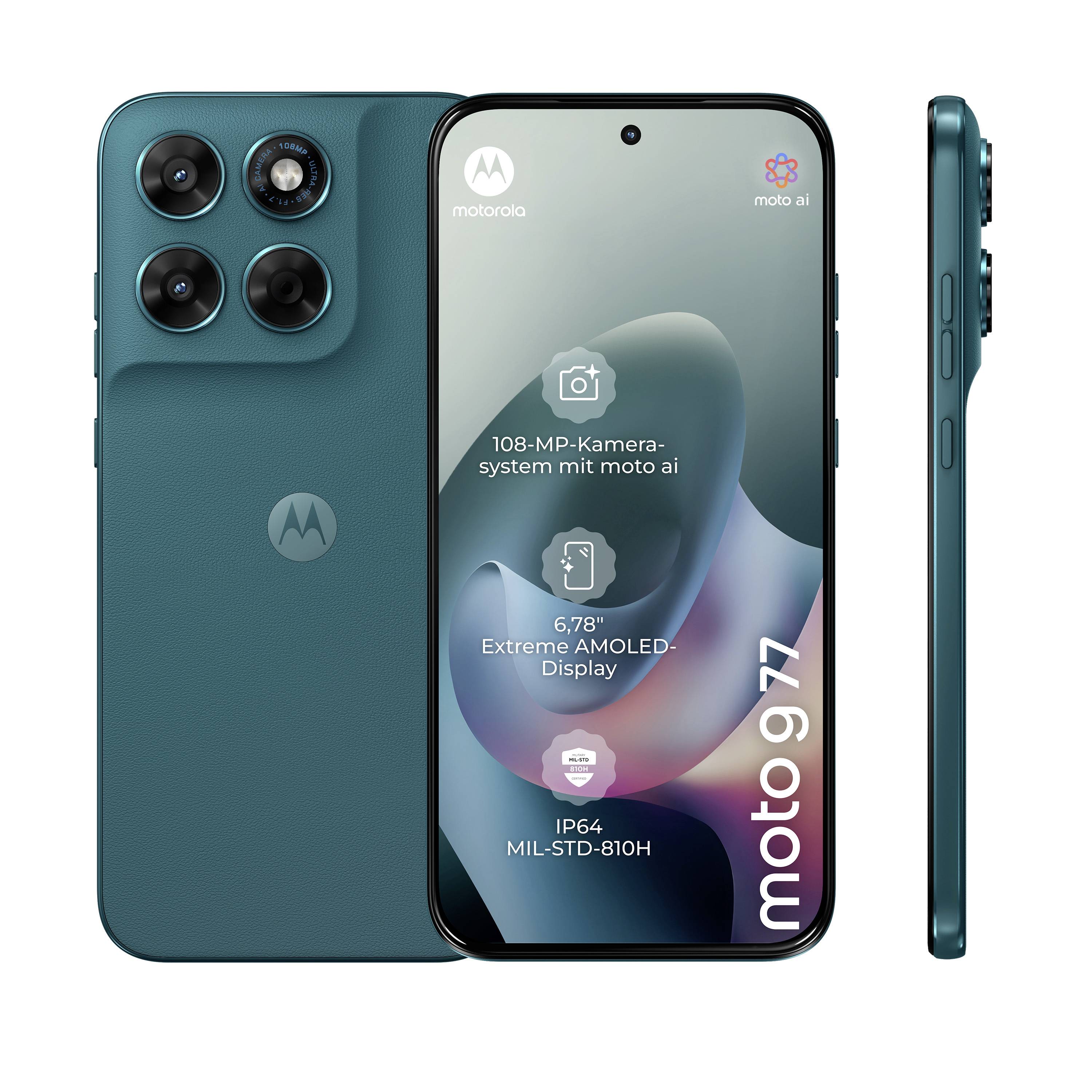 Turquoise Motorola Moto G77 phone with triple rear cameras. Screen shows FIFA partnership, a QR code, and text 'Buy - Register - Win'.