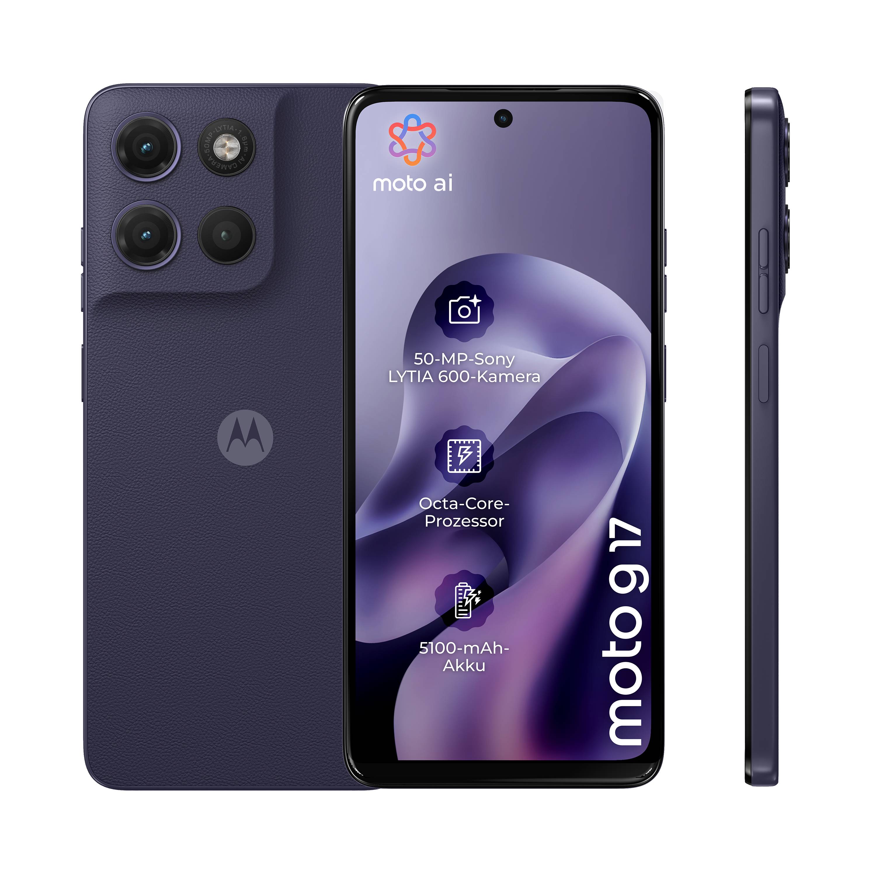 Motorola Moto G17 smartphone advertisement, featuring a man holding the phone, a QR code, and the text 'Buy - Register - Win'.