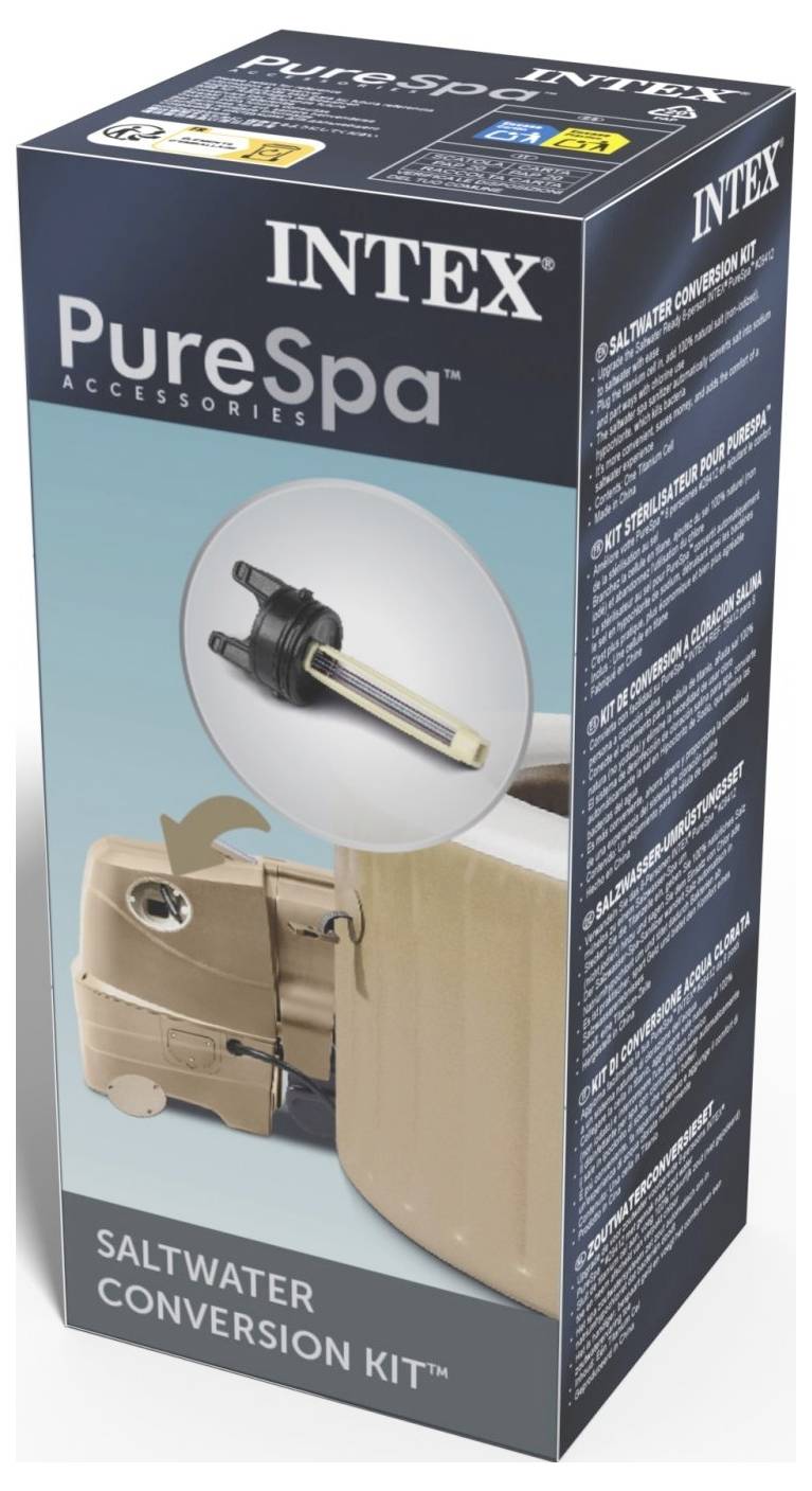 Package for Intex PureSpa Saltwater Conversion Kit shows product image and features, designed for converting spa water to saltwater system.