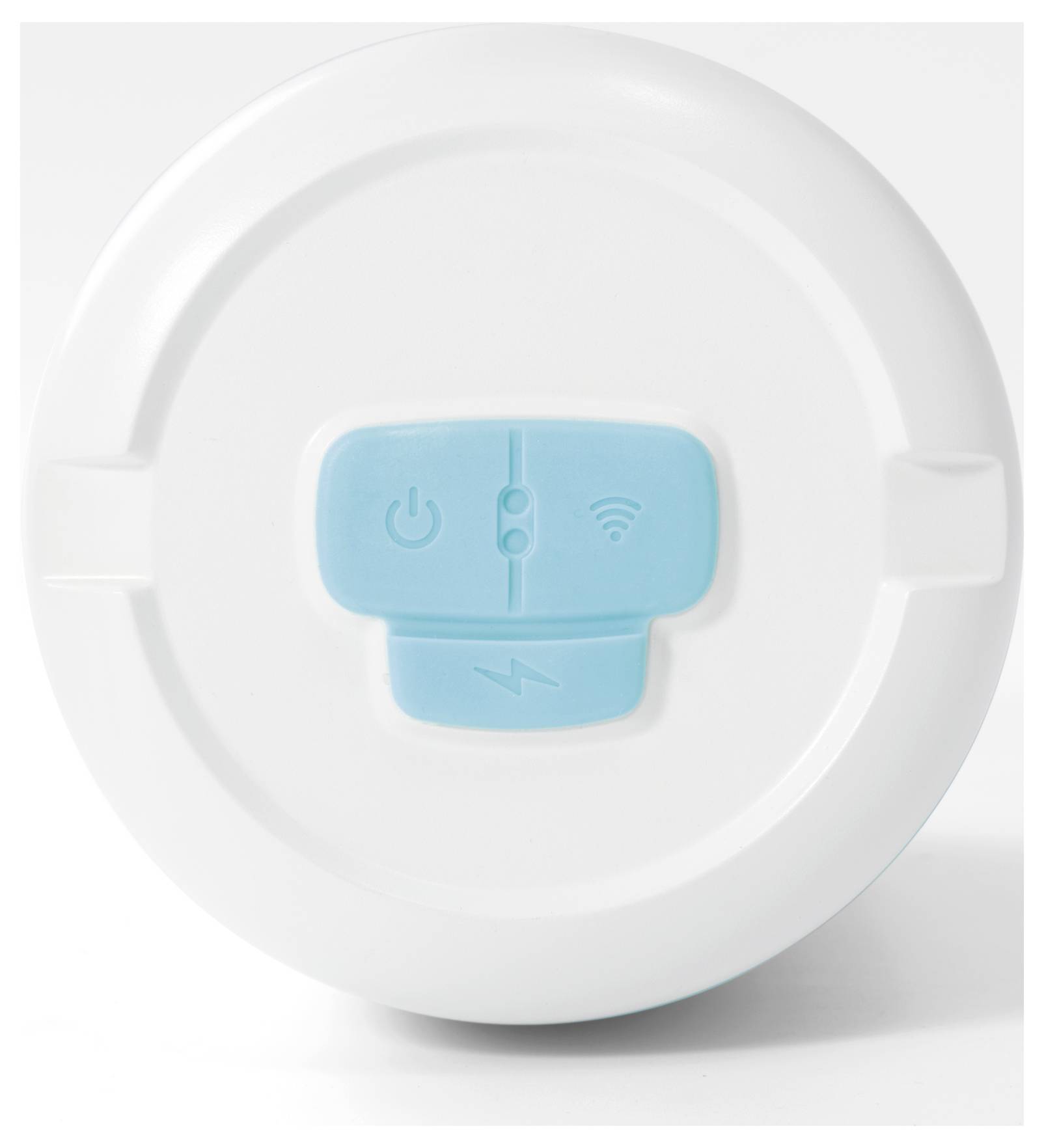 A round, white device with a blue control panel featuring power, Wi-Fi, and charging symbols.