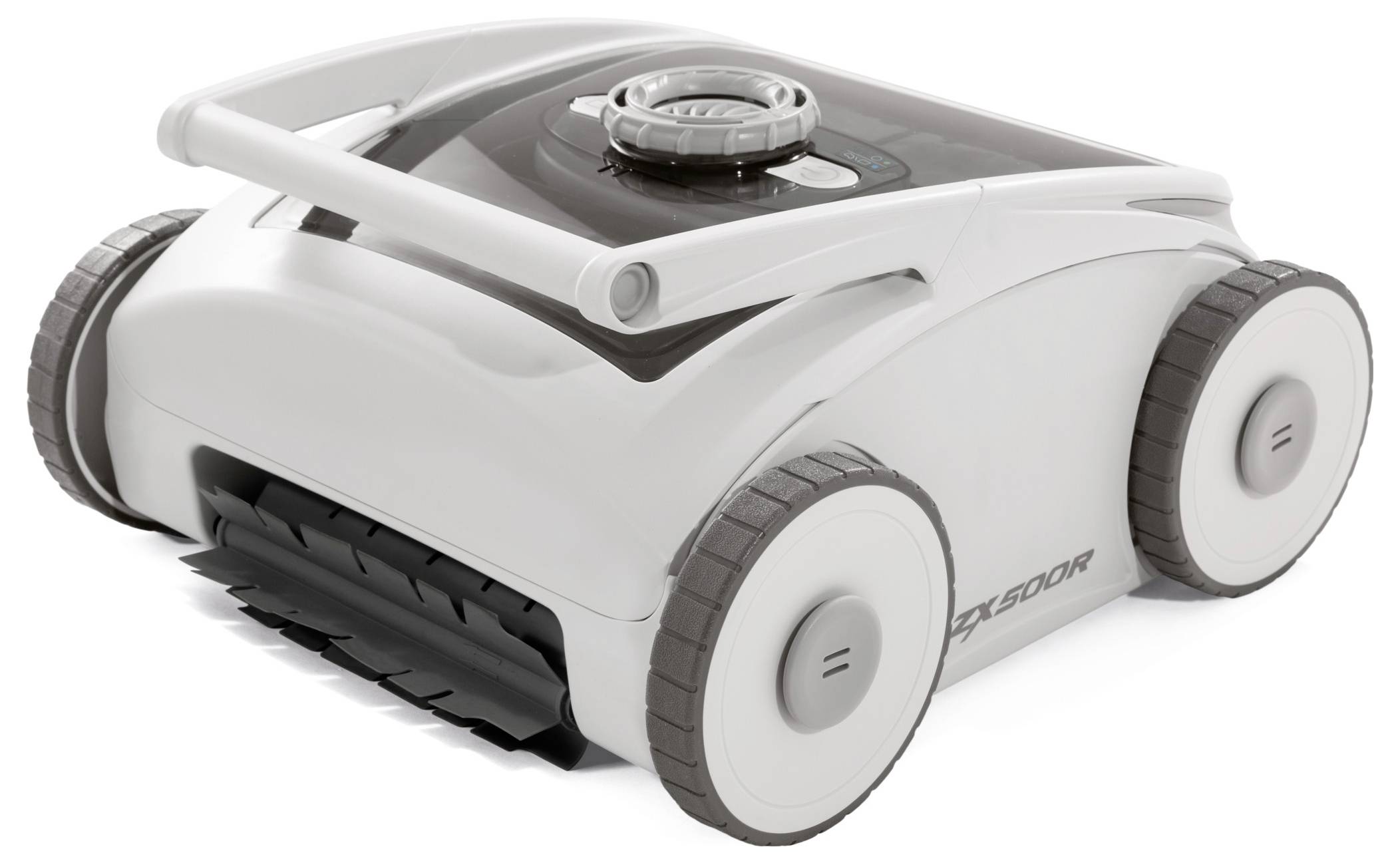 'Robotic pool cleaner with white body and gray wheels, featuring a rotating brush and handle on top for easy transport.'
