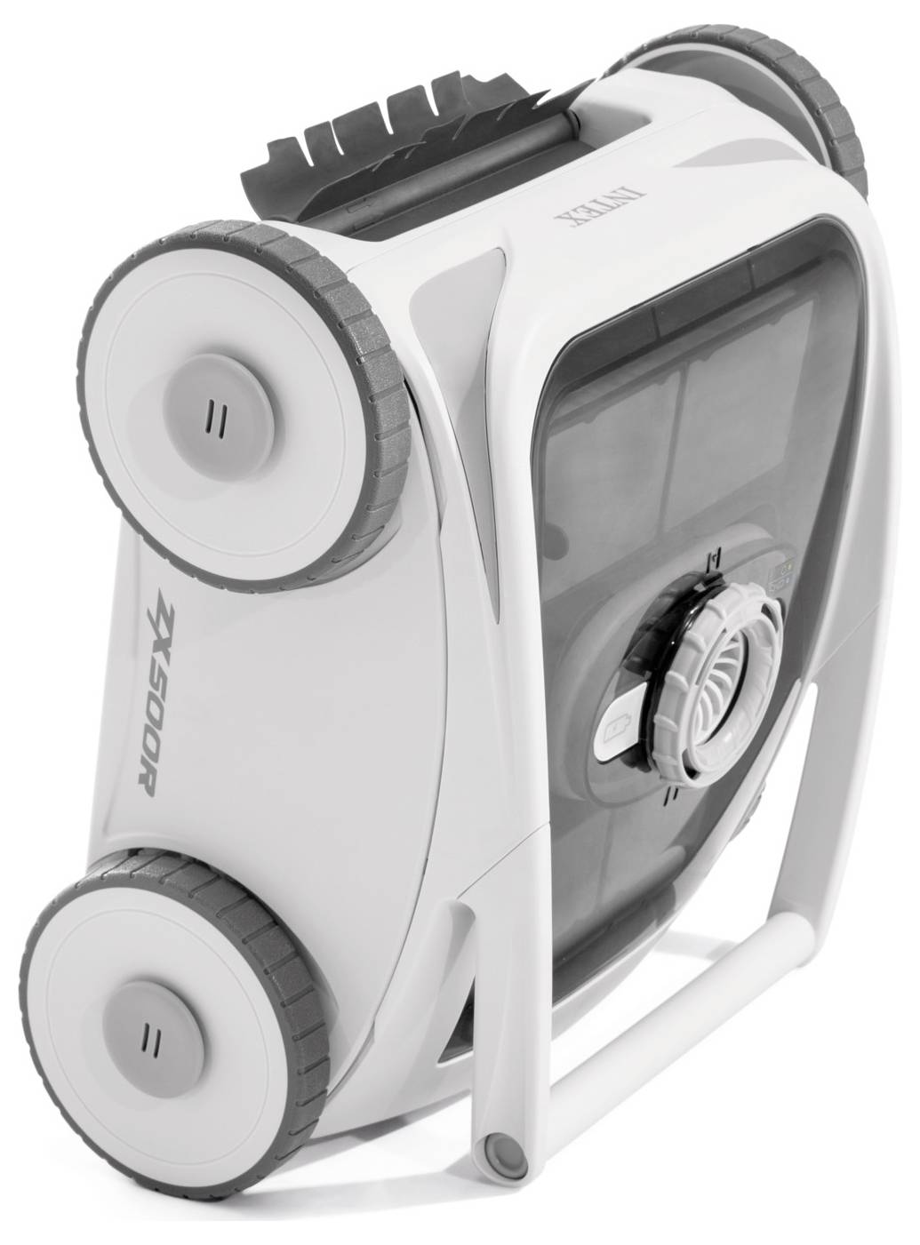 A robotic vacuum cleaner with a sleek, modern design, featuring large wheels and a central fan, flipped upside down to show its underside.