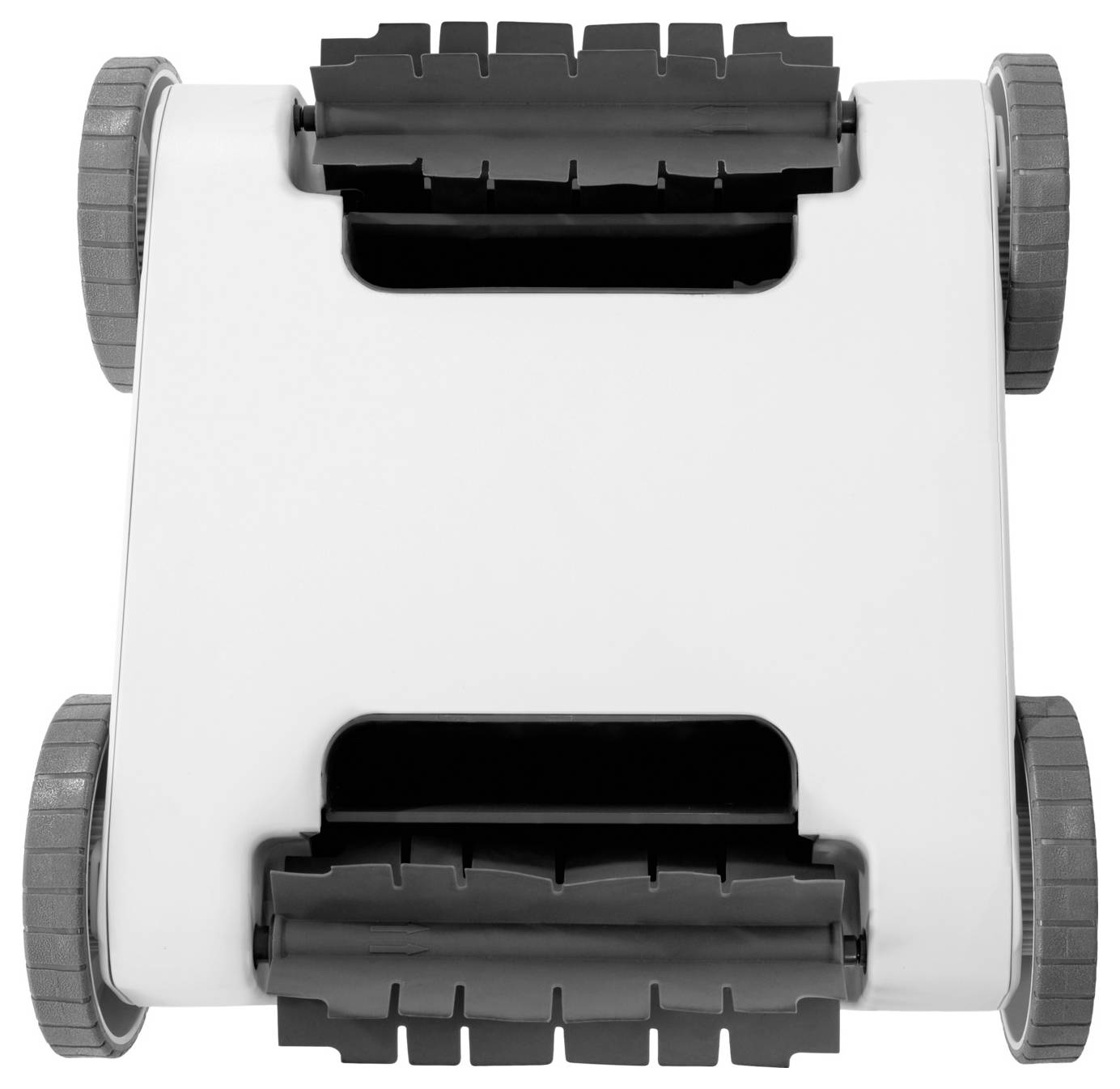 A robotic pool cleaner with four wheels and dual scrub brushes, viewed from above on a white background.