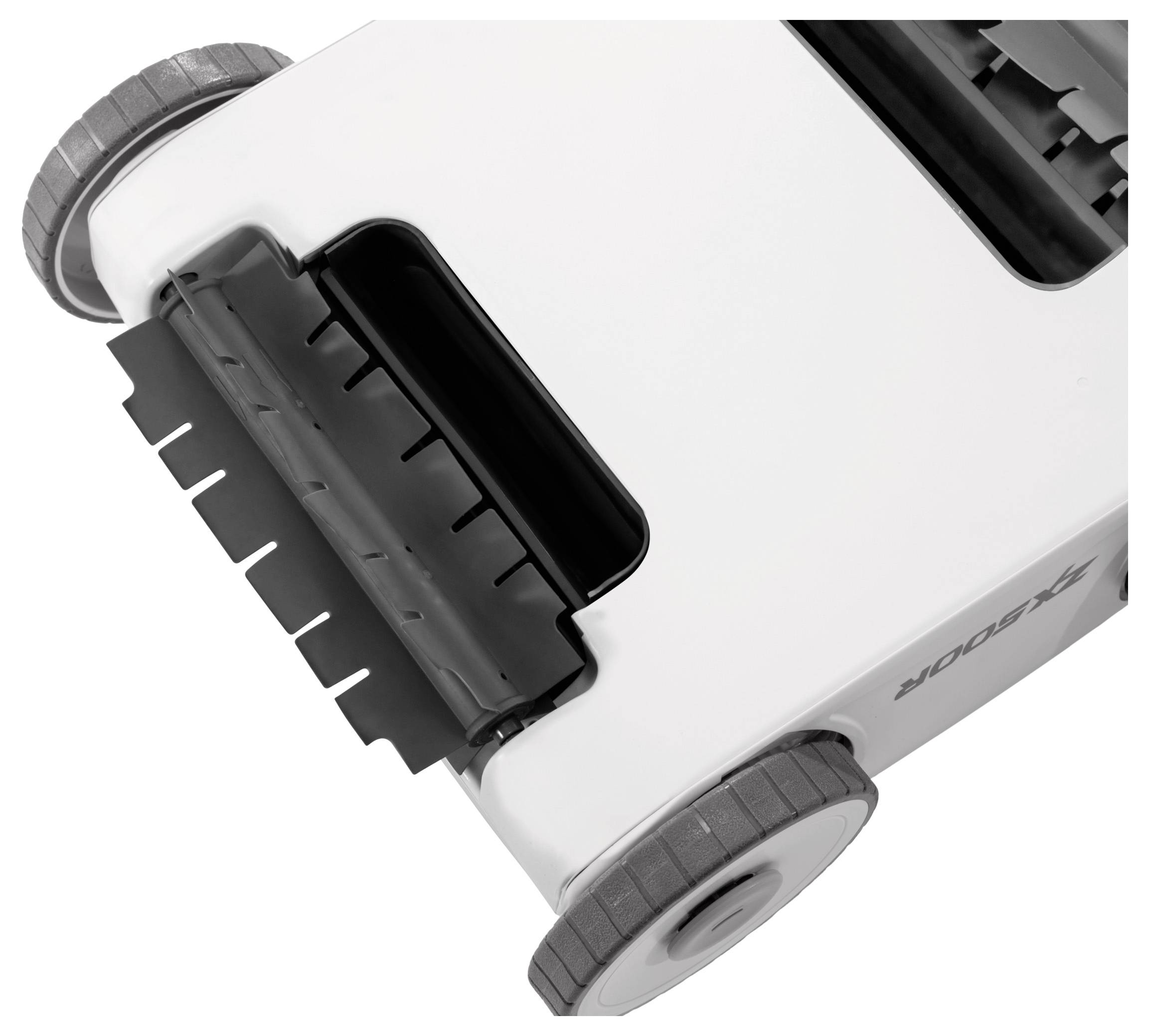 A close-up of a white robotic vacuum cleaner's bottom, showing wheels and a central brush slot. The tool appears designed for cleaning floors.