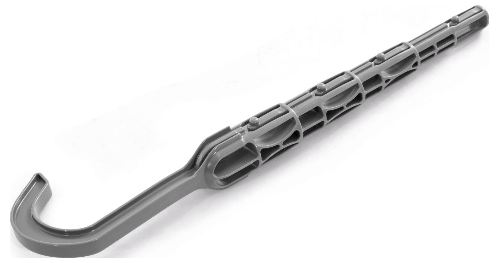 A gray plastic tension lever with a hook, featuring multiple circular openings, used for securing objects.