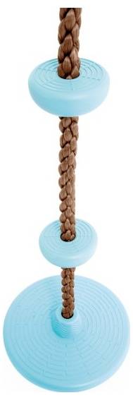 A braided rope with three blue circular plastic discs, used as a swing or climbing play equipment.