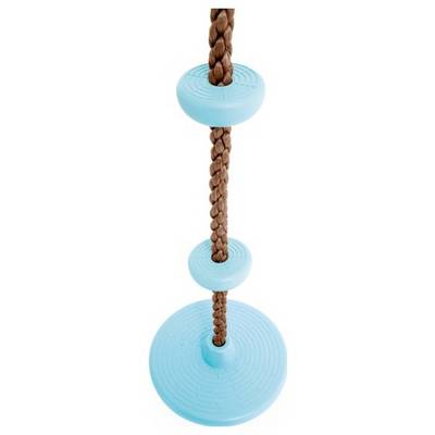 A braided rope with three blue circular plastic discs, used as a swing or climbing play equipment.