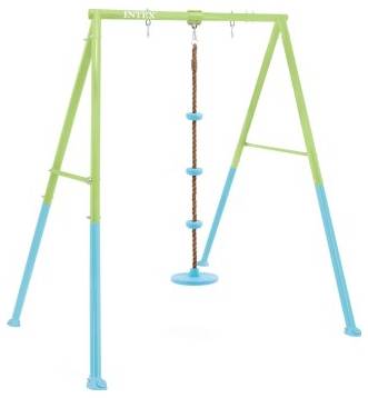 A green and blue swing set with a suspended rope and circular platforms designed for climbing. No children or additional objects are in view.