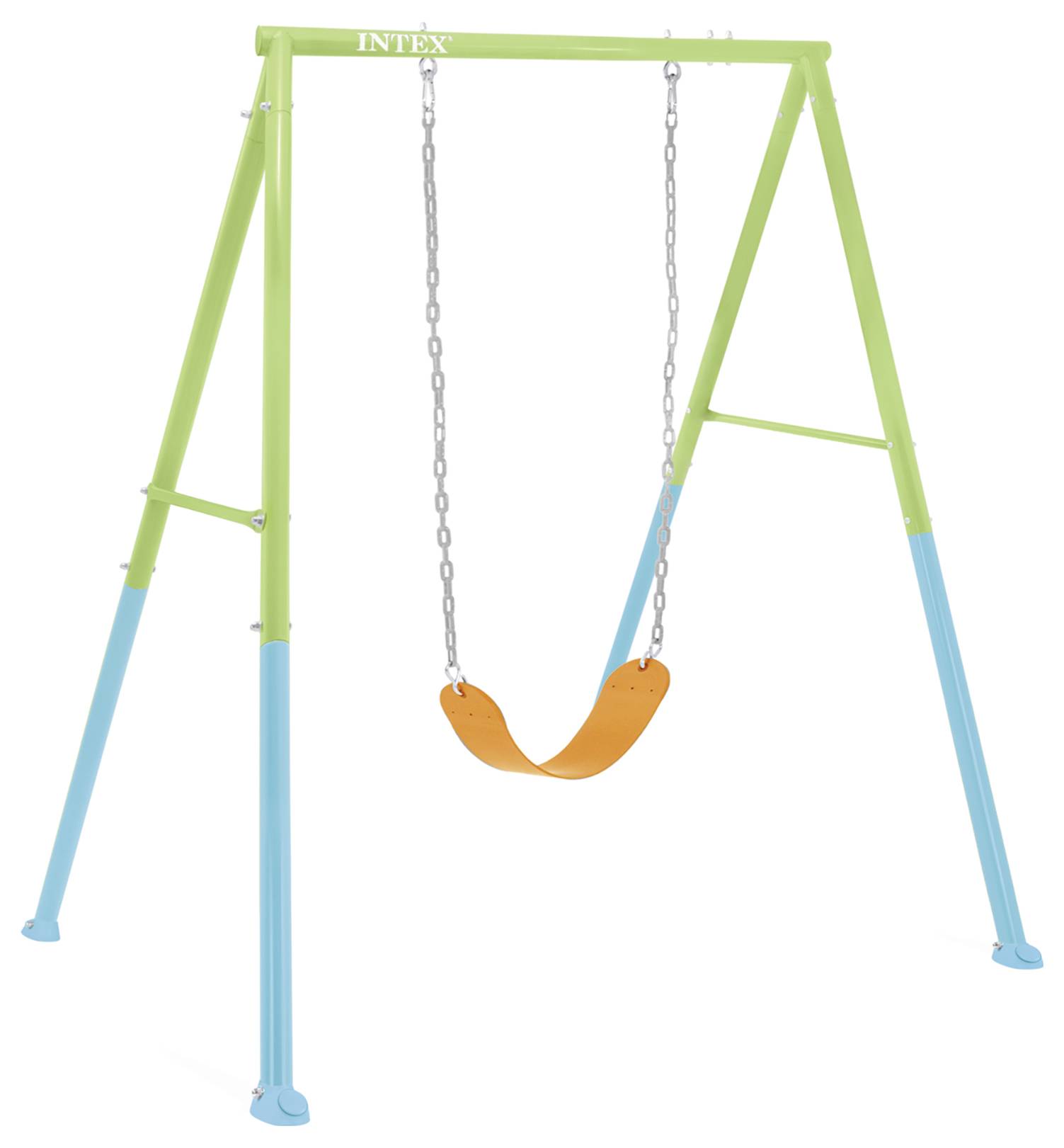 A swing set with green and blue metal frame and an orange seat suspended by chains.
