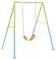 A swing set with green and blue metal frame and an orange seat suspended by chains.