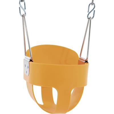 An empty orange toddler swing seat hangs from metal chains, designed to safely hold small children at a playground.