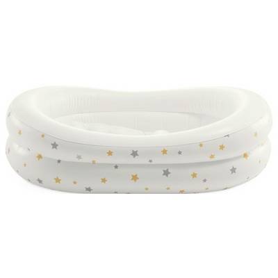An inflatable white baby bathtub adorned with orange and gray stars.