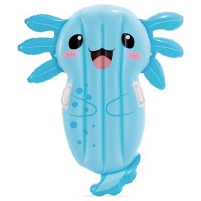 A blue inflatable pool float shaped like an axolotl with a smiling face, pink cheeks, and small white handles on the sides.