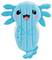 A blue inflatable pool float shaped like an axolotl with a smiling face, pink cheeks, and small white handles on the sides.