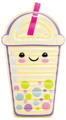 Inflatable pool float shaped like a smiling milkshake with colorful bubble decorations and a pink straw.