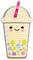 Inflatable pool float shaped like a smiling milkshake with colorful bubble decorations and a pink straw.