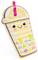 Inflatable pool float shaped like a cartoon milkshake with a smiling face, pink straw, and colorful polka dots.